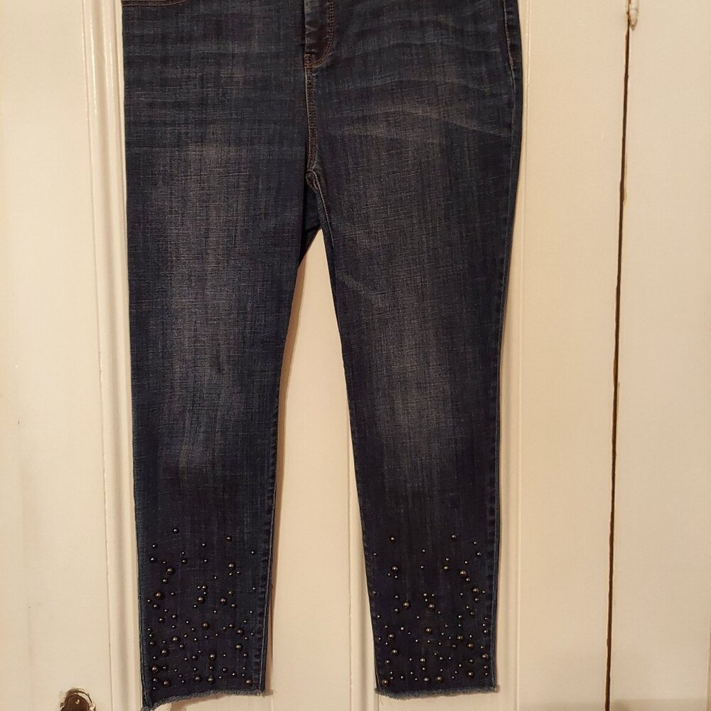 NWT Chico's Blue Denim Ankle Jeans with Dark Gray Embellishments size 1.5 (10)